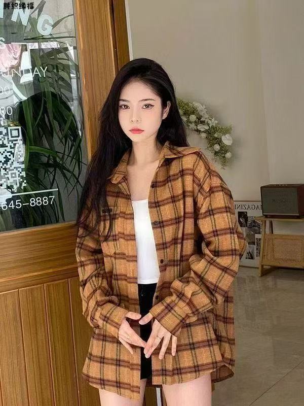 チェック柄シャツ女性 2025 春の新韓国ファッションガール小柄なレトロ長袖シャツカジュアルジャケット|undefined