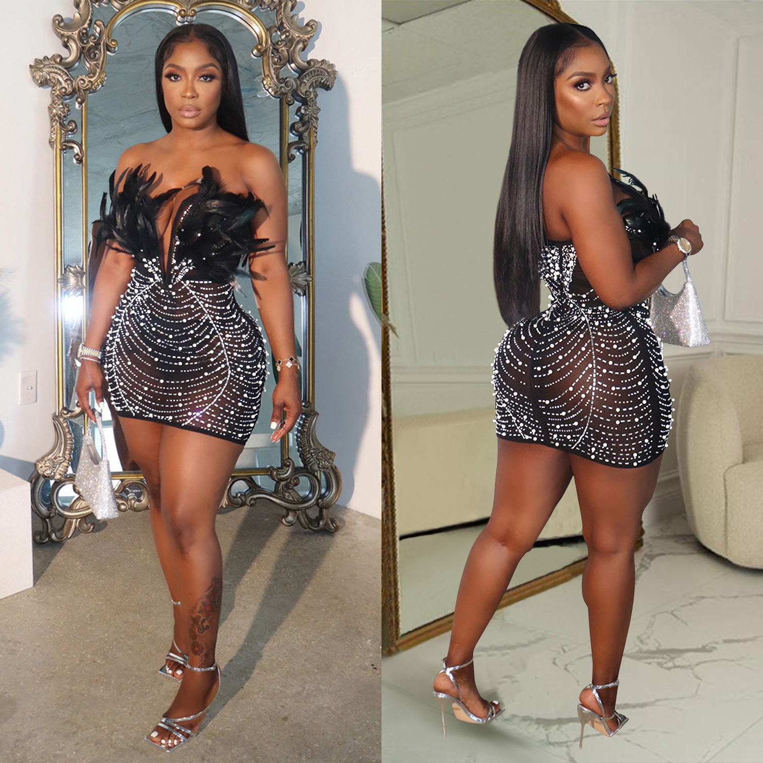 Damenkleid mit einfarbigem Mesh-Federrock und Strasssteinen_voghion.com