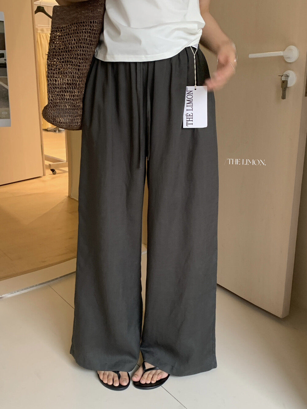 Quần culottes nữ ống rộng cạp cao vải linen phối lyocell mỏng nhẹ mùa hè — màu sắc, màu hồng, màu trắng, màu xám chi tiết 4