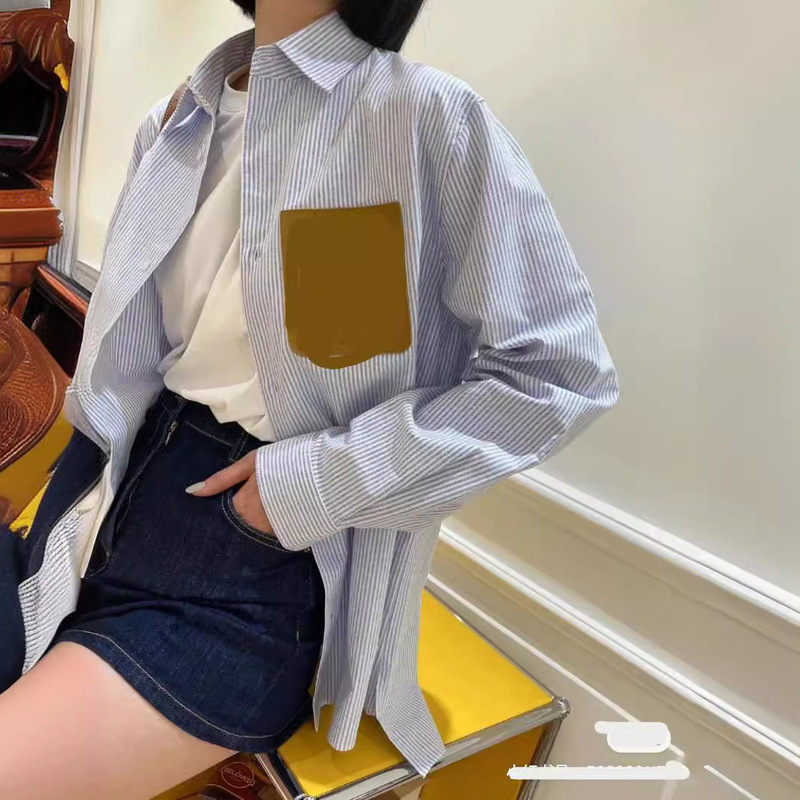 In-Stock Classic Fashionable Unisex Leather Label Striped Shirt Versatile Casual Supports Dropshipping