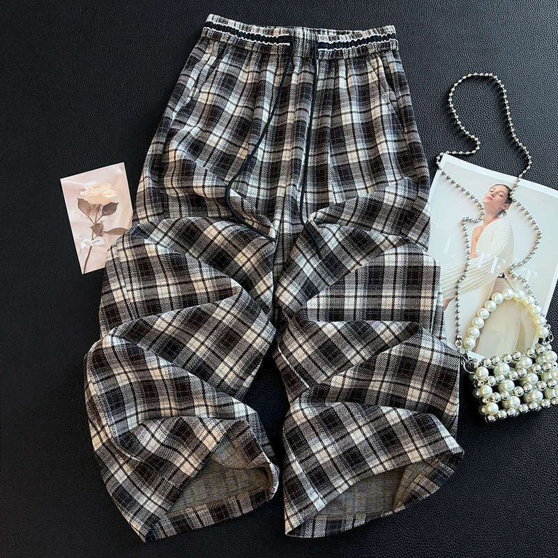高腰阔腿裤女秋季2025新款韩系慵懒风格子休闲裤垂感松紧腰拖地裤|undefined