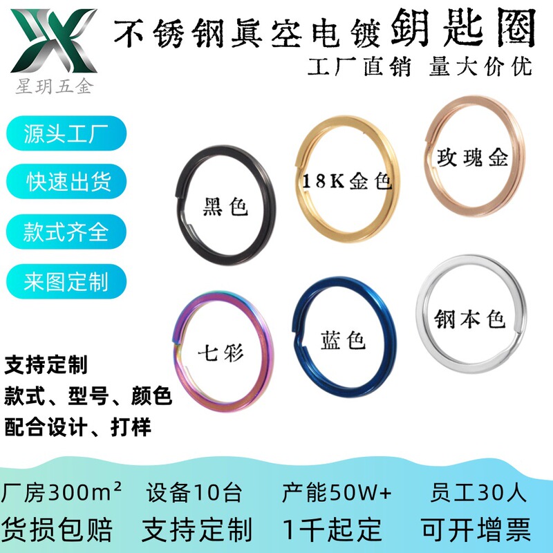 Vacuum Electroplated Stainless Steel Key Ring in Gold, Black, Rose Gold, and Multicolor Flat Circle Key Ring DIY Accessories