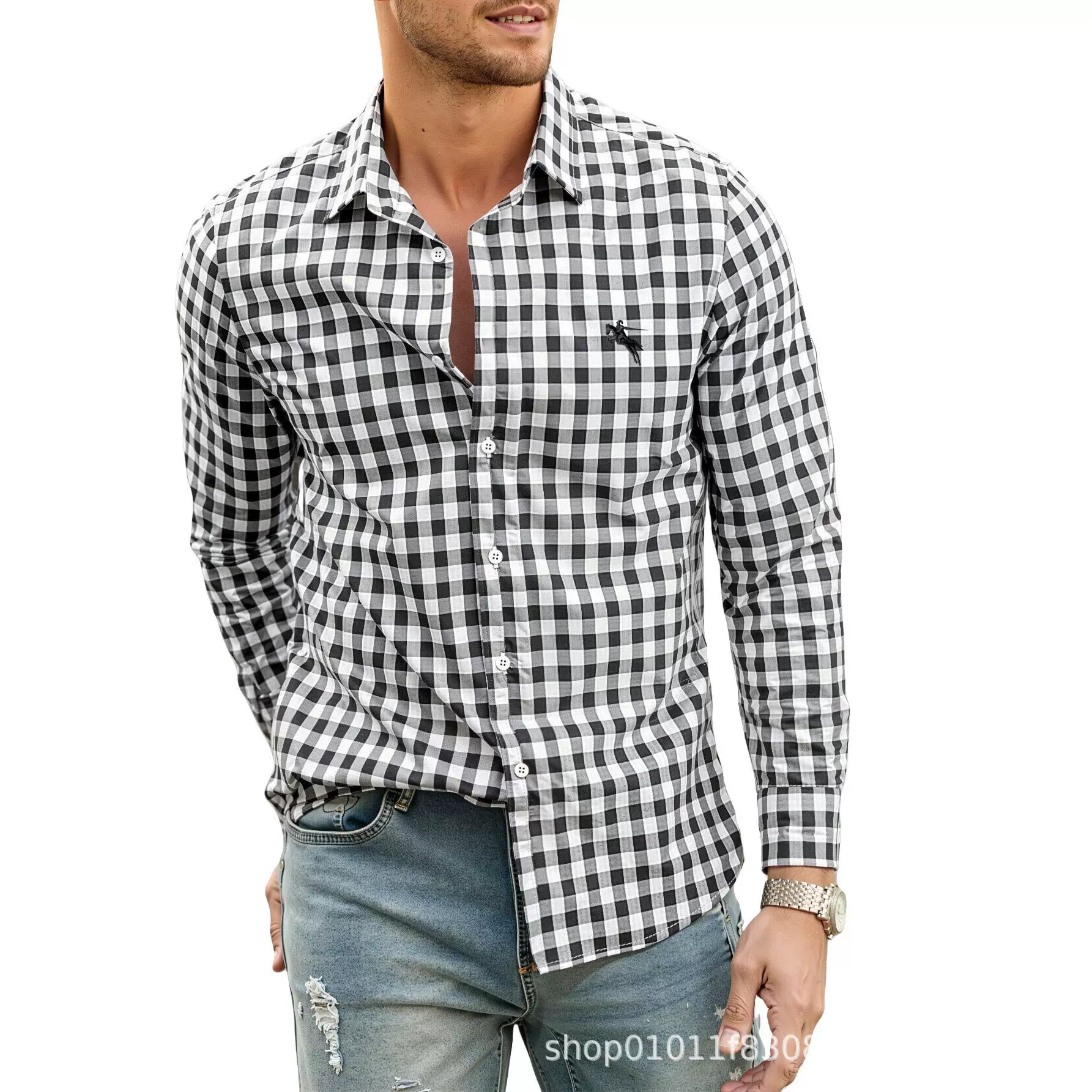 170克四面弹热销新款3D数码印花大码长袖格子男士衬衫简约透气衬