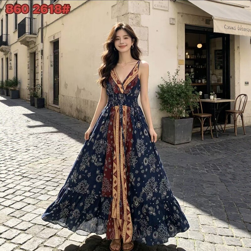 Bohemian style V-neck strap dress for women, new summer vintage print, waist-cinching long dress, holiday style floral print Bohemian style V-neck strap dress for women, new summer vintage print, waist-cinching long dress, holiday style floral print