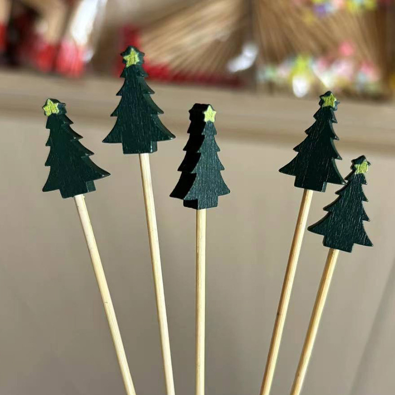 Palo de fruta de Navidad 100 unids/pack palo de bambú desechable Santa Claus fruta tenedor Pino alzo palo de fruta