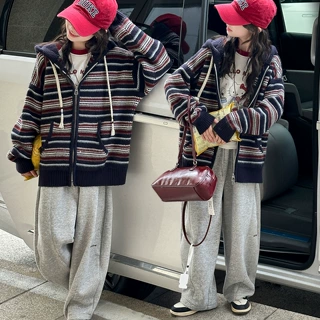 女童秋冬针织衫外套条纹连帽拉链开衫2026新款深秋儿童加厚毛线衣