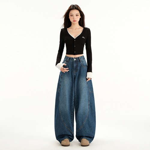 Mali & American Vintage | Cropped Denim | Letter Embroidery | Patchwork Loose-Fit Wide-Leg Denim Pants