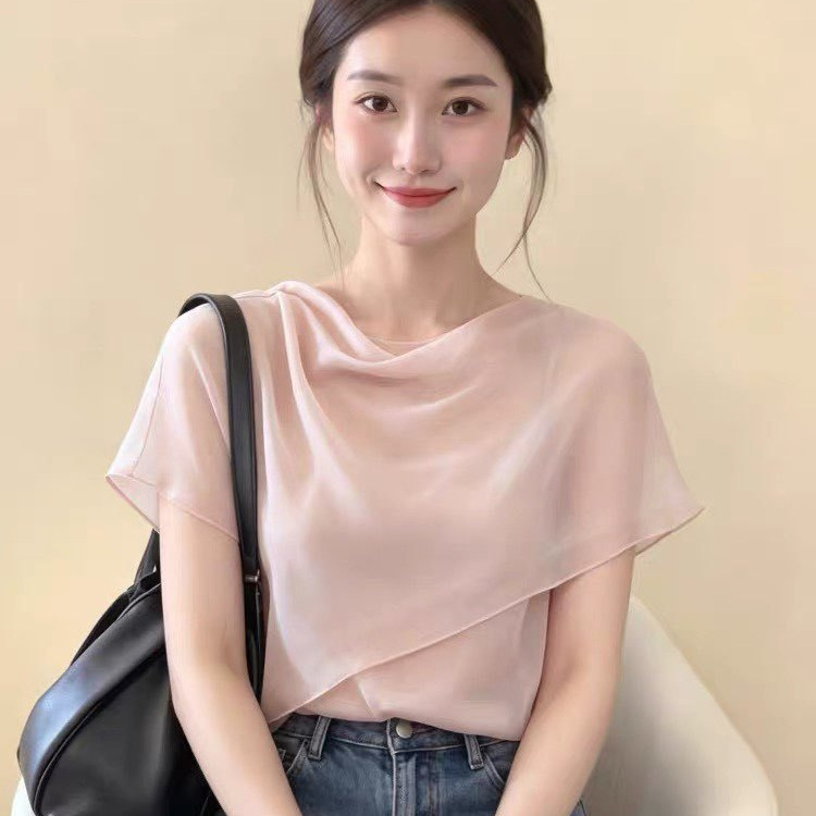 Áo sơ mi nữ tay ngắn cổ lắc choàng kiểu Pháp thiết kế sang trọng — màu hồng chi tiết 4