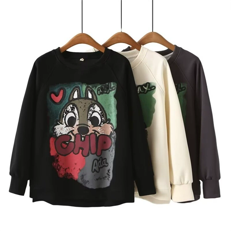 Осенний костюм 2024 новый большой размер женский топ толстый MM минус возраст тонкий мультяшный принт круглый воротник свитера 8990