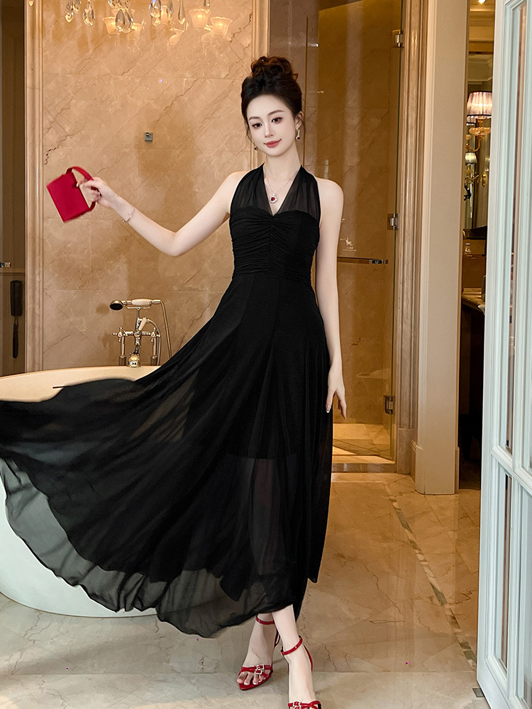 Đầm maxi nữ cổ chữ V lưới voan phong cách Pháp gợi cảm — Màu đen