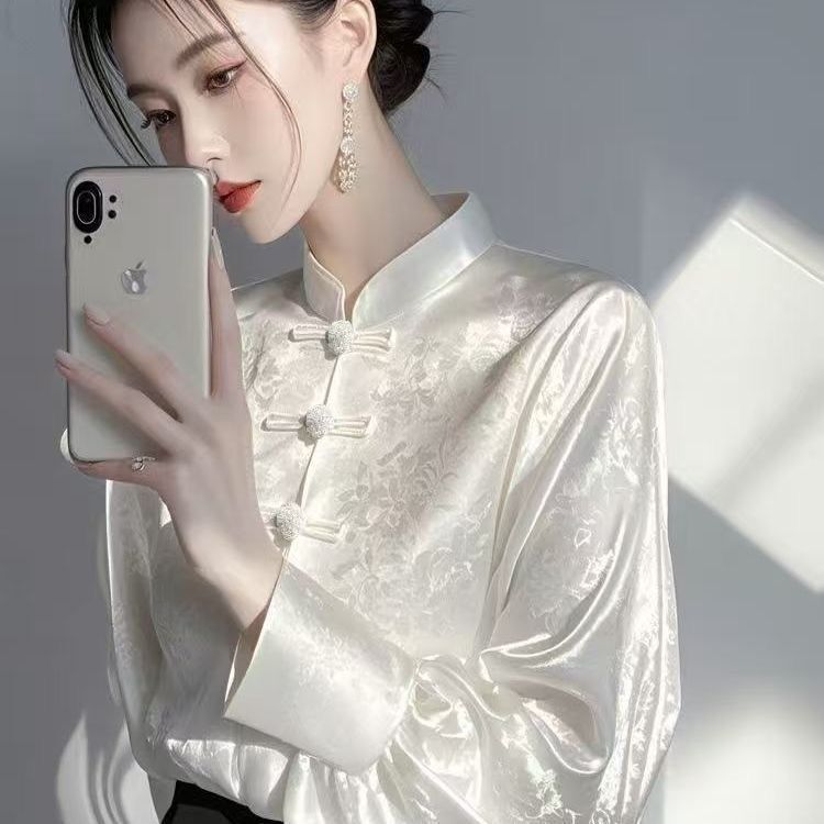 新中式国风内搭打底衫女早春感轻奢减龄洋气白色提花衬衫2025|undefined