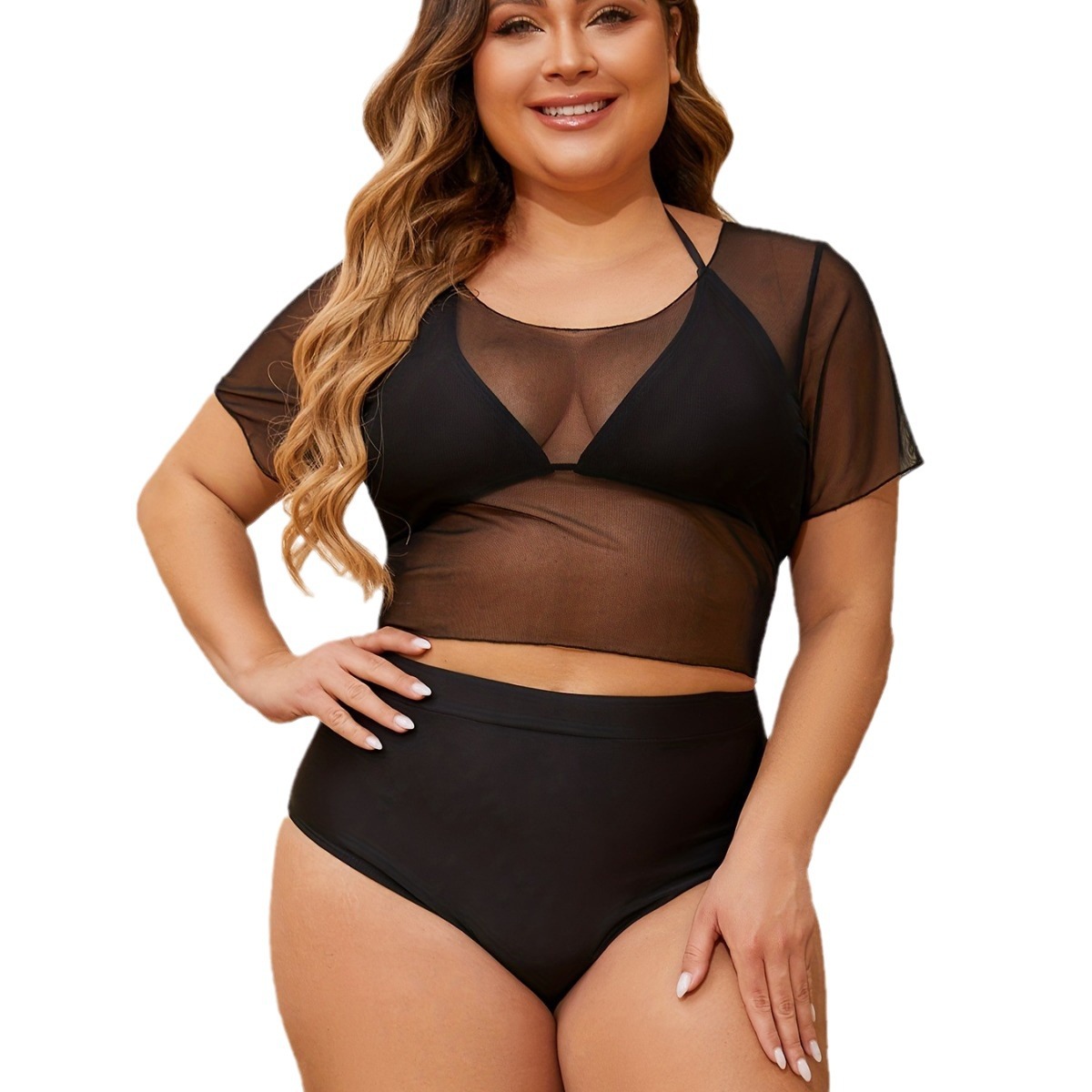 New European And American Style Sexy Solid Color Plus-size Tie-up Bikini Black Mesh Swimsuit Set P024_voghion.com