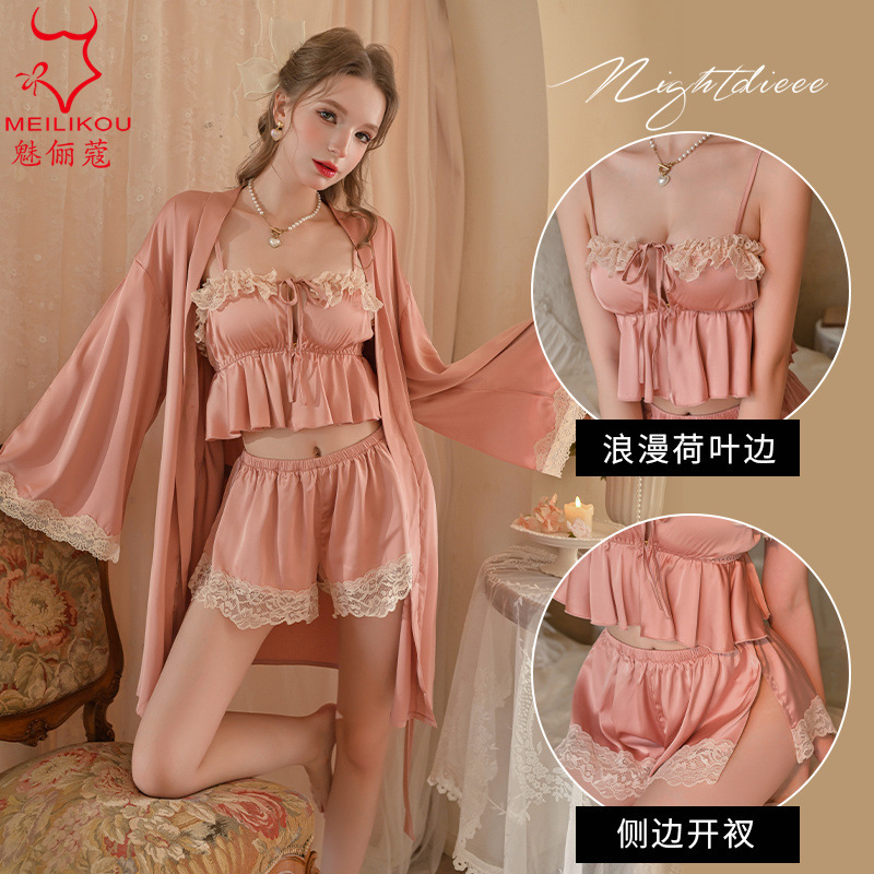 Fun Pajamas Light Luxury Sexy Sling Pajamas Sexy Ice Silk Thin Smooth Body-Fit Home Clothes Nightgown suit 2182