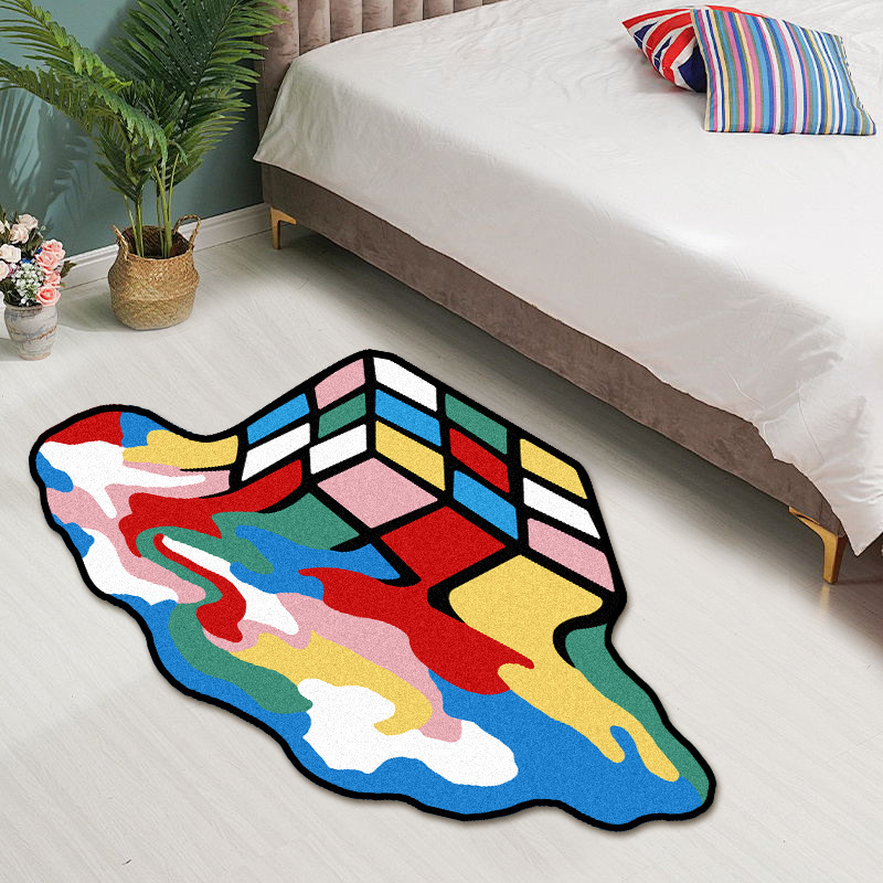 Colorful Cool Fun Cashmere Rubik's Cube Carpet Abstract Cute Unique Bathroom Mat Bedroom Bedside Carpet