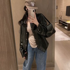 2025早秋季女装新款时尚洋气宽松长袖十字架机车PU皮衣大衬衫外套