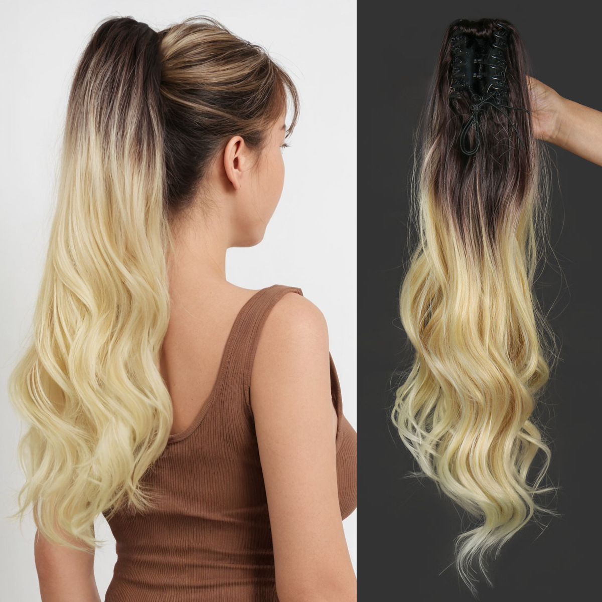 European And American Style Gradient/Dyed For Women, Fluffy Natural Colored Ponytail Wig With Claw Clip_voghion.com