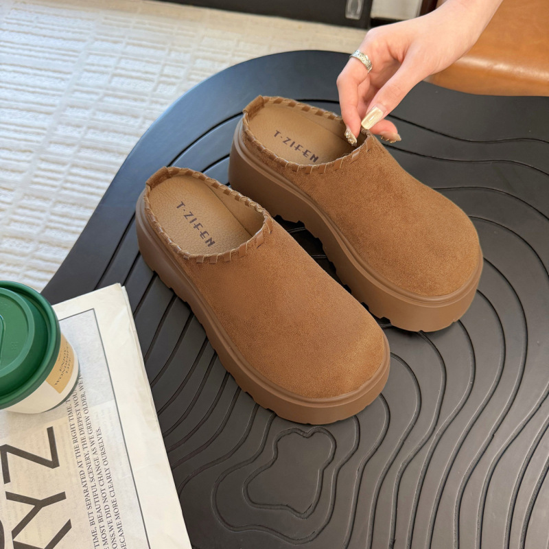 磨砂皮包头勃肯鞋女2025春季新款松糕厚底增高一脚蹬配裙子半拖鞋|undefined