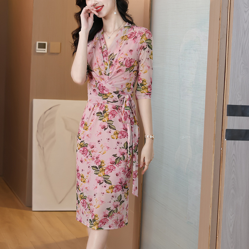 Pink Floral Mesh Wrap Dress for Women 2025 Summer New Retro Elegant Mother Mid-Sleeve V Neck Long Dress