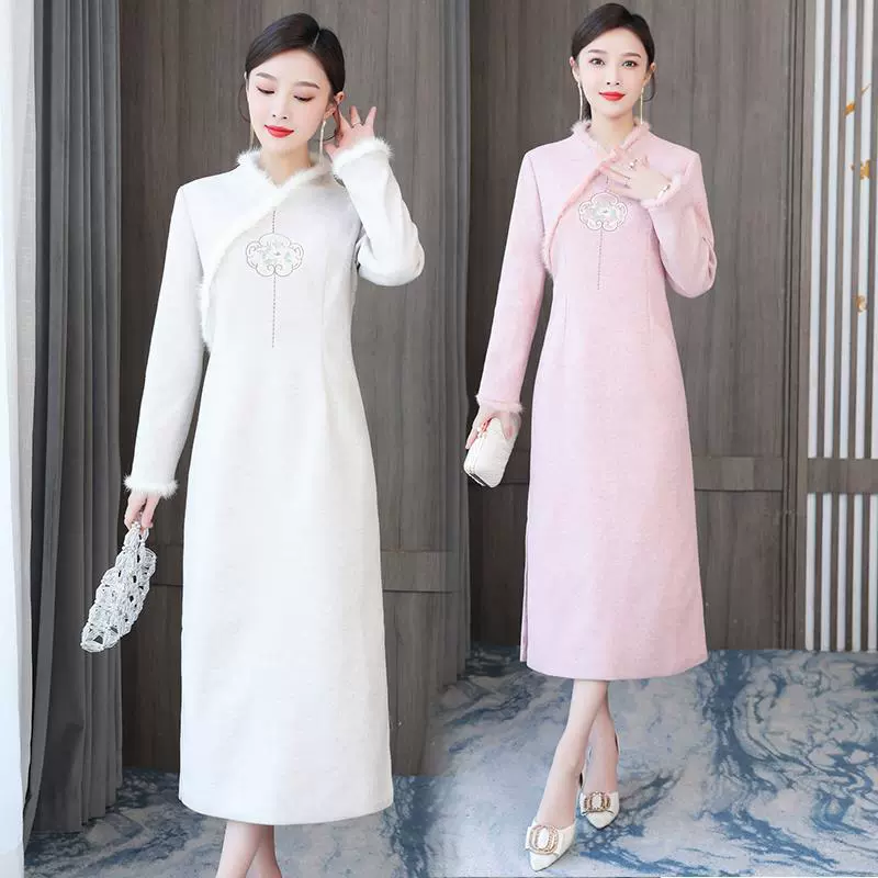 Осень и зима 9060 Винтажный китайский стиль Улучшенный приталенный простой Молодежный стиль повседневное шерстяное платье с вышивкой, длинное платье