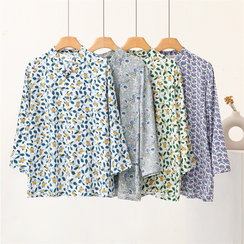 Cotton Silk Collar Cardigan Long-sleeved T-shirt Middle-aged and Elderly Mother's Blouse Summer Thin Artificial Cotton Top Coat Cotton Silk Collar Cardigan Long-sleeved T-shirt Middle-aged and Elderly Mother's Blouse Summer Thin Artificial Cotton Top Coat