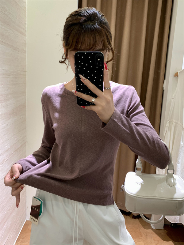 春不晚 柔软慕斯竹节棉！中缝明线小开叉圆领长袖T恤打底衫女秋|undefined