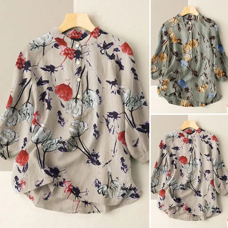 2026 Spring New Women's Casual Loose Evening Wear Printed Women's 3/4 Lantern Sleeve Shirt Top
