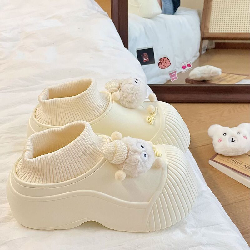 Cute Cartoon Bag Heel Cotton Slippers for Women, Autumn and Winter New Outer Wear Fleece-Lined Warm Anti-Slip Thick Sole Heightening Snow Boots