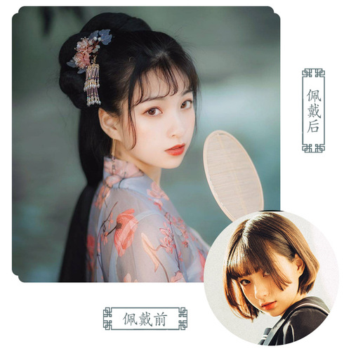 Hanfu wig, ancient costume headdress, women's hair pad, croissant, exposed bun, twist full head set