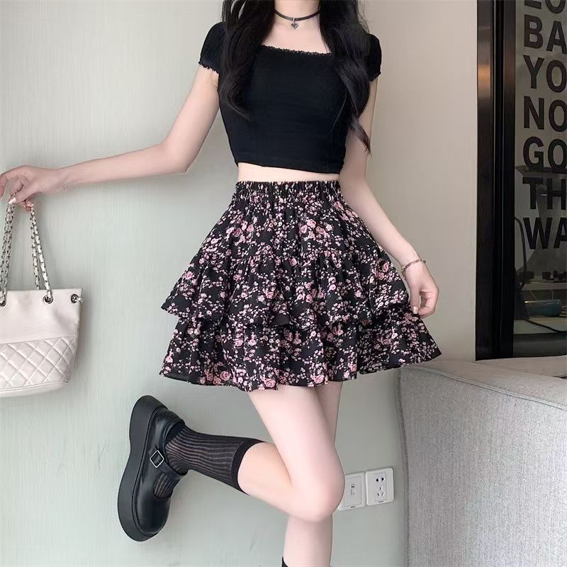 甜辣碎花蛋糕半身裙女新款2025夏季芭蕾风显瘦a字荷叶边蓬蓬短裙
