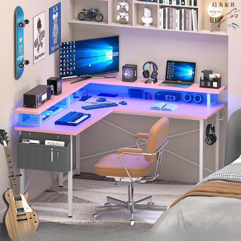 L-Shaped Computer Desk with Led Lights, Power Outlets, and Storage Shelves, Steel Frame, Available in Various Colors, Adjustable Office Desk