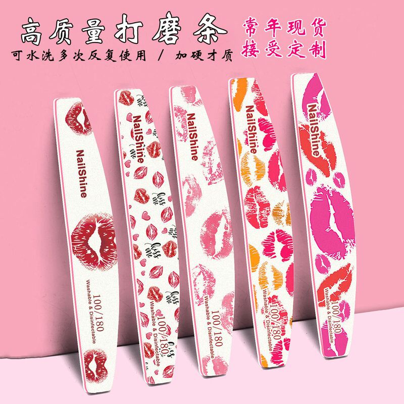 Sponge Valentine's Day Print Half-Moon Red Exquisite Lipstick Nail File Waterproof Double-Sided Rubbing Strip Polishing and Shaping