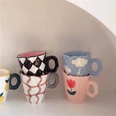 South Korea exports hand-painted ceramic mugs, purple high-looking checkerboard mugs, home water cups, creative souvenirs