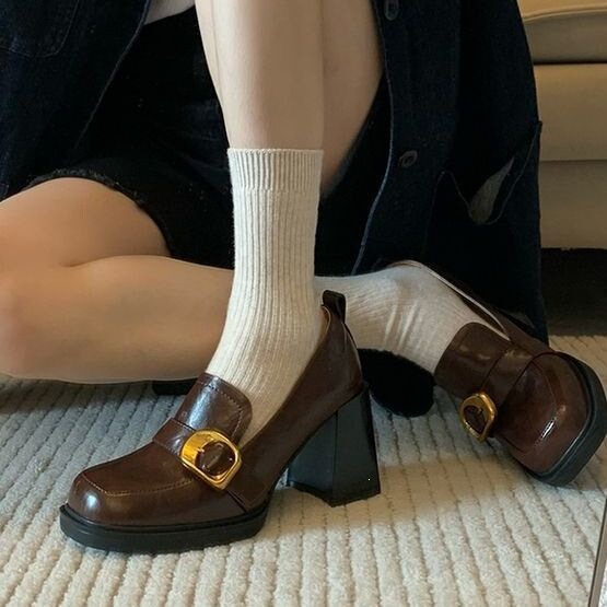 Spring and Autumn British Style Slip-On Loafers, Square-Toe High-Heeled Leather Shoes for Women, Chunky Heel Single Shoes with Ultra-Soft Platform Soles
