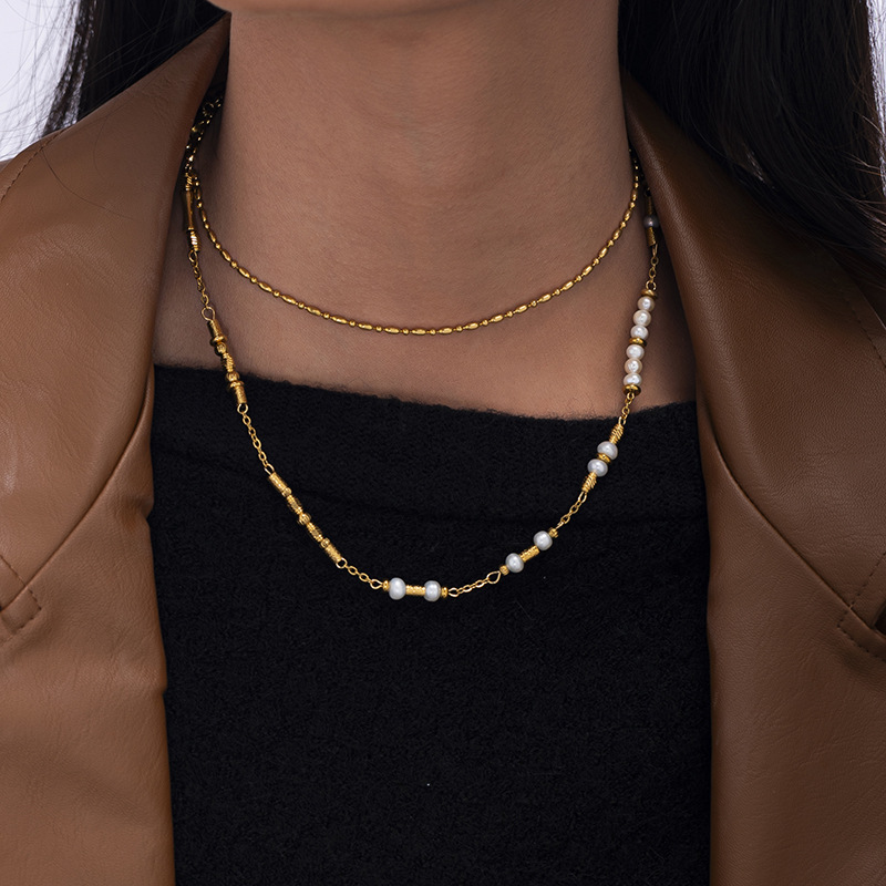 Acero inoxidable transfronterizo retro collar de perlas de bambú universal estilo simple nicho personalidad temperamento suéter cadena mujer