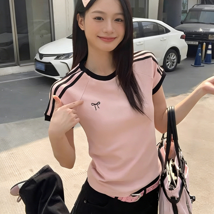 Pink Round-Neck Short-Sleeve T-Shirt for Women with Color-Blocked Stripe Design, New Summer Style American-Style Slim-Fit Top Pink Round-Neck Short-Sleeve T-Shirt for Women with Color-Blocked Stripe Design, New Summer Style American-Style Slim-Fit Top