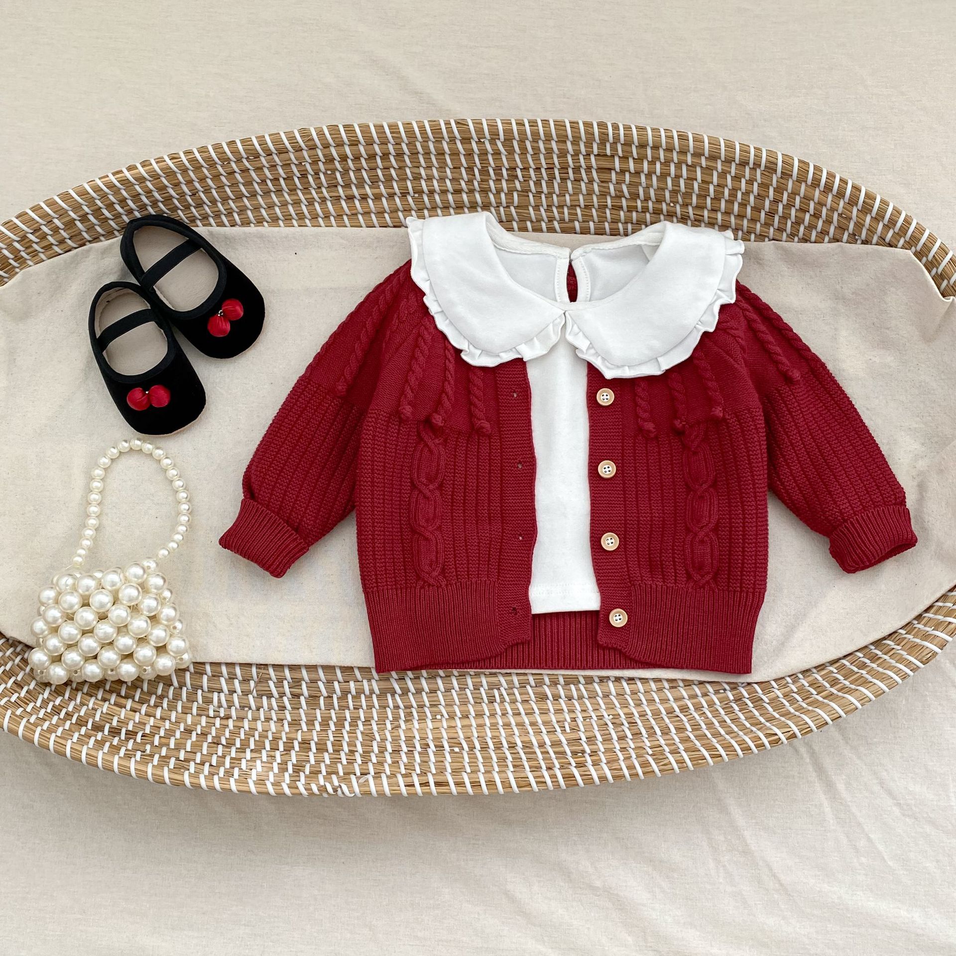 Infant Women's Sweater Hand-hook Bubble Ball Knitted Romper And Coat Two-piece Set