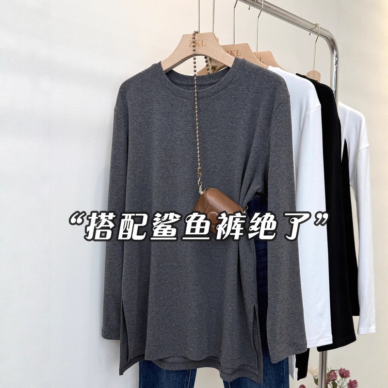 Layered Butt-Covering Slimming Look Tops for Women with Shark Pants Autumn and Winter Thin Velvet Bottoming Mid-Length Loose Long-Sleeved T-Shirts