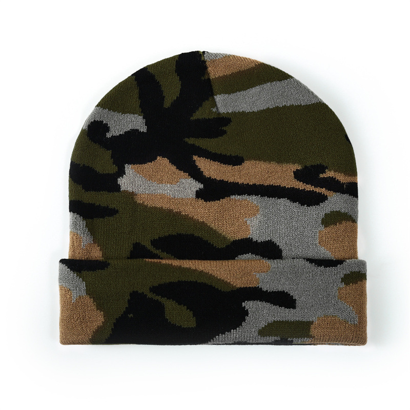 Nuevo sombrero de gorro de guisantes de invierno transfronterizo, sombrero de punto de lana corta con patrón de leche, jacquard, camuflaje cálido