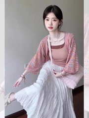 撞色针织外搭长袖多巴胺开衫女2025新款韩系氛围感早秋季穿搭上衣