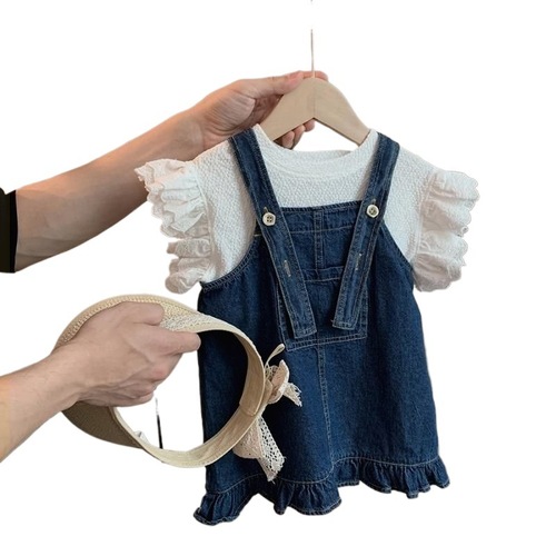 Girls' denim overalls 2025 summer thin denim skirt set for little girls trendy