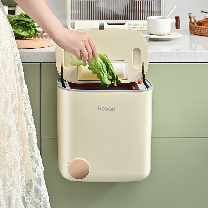 Kitchen Trash Can Wall-Mounted Storage Bin with Lid for Household Use, Hanging Light Luxury Cream Style Pig Nose Cleaning Bin