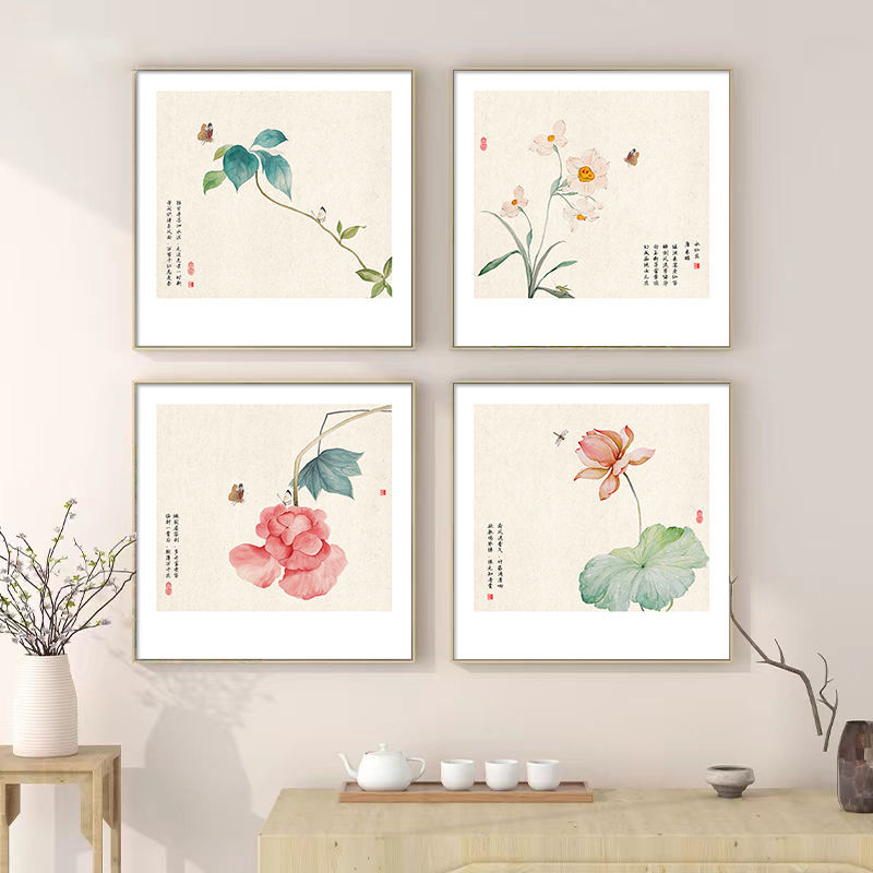 New Chinese Style Living Room Chinese Style Hanging Painting Sofa Restaurant Decorative Painting Study Tea Room Chinese Painting Square Lotus Mural