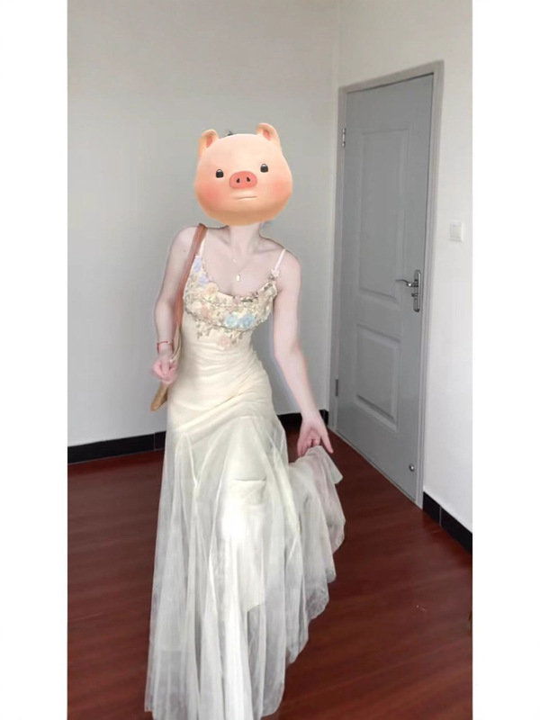 鱼姬少女 套装蕾丝网纱鱼尾连衣裙修身包臀吊带长裙+镂空防晒罩衫|undefined