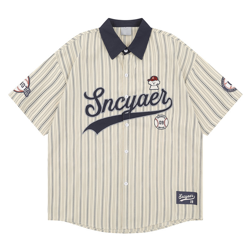 American Retro Embroidered Striped Baseball Short-Sleeved Shirt for Women and Men, Summer Loose Casual Street Style Striped Top with Lapels