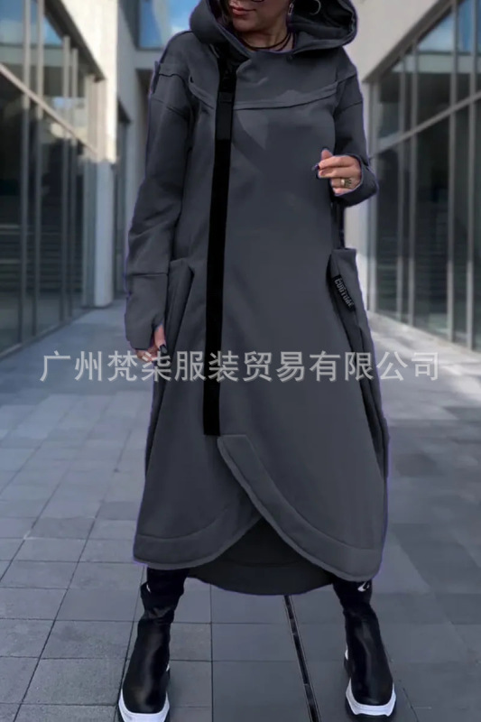 2025秋冬欧美跨境亚马逊百搭纯色长袖卫衣连帽拉链休闲长款连衣裙|undefined