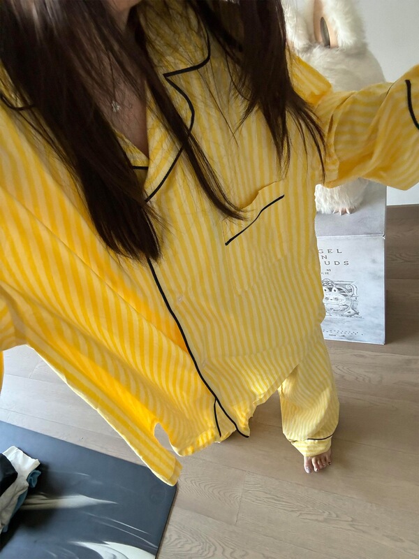 Yellow striped pajamas for women, 2025 new spring and autumn long-sleeve long-pants casual lazy-style home wear set Yellow striped pajamas for women, 2025 new spring and autumn long-sleeve long-pants casual lazy-style home wear set