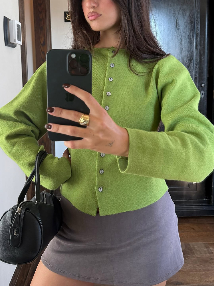 Elegante estilo simple estilo de color sólido cuello redondo de una sola fila cardigan otoño 2025 nuevo estilo transfronterizo europeo y americano