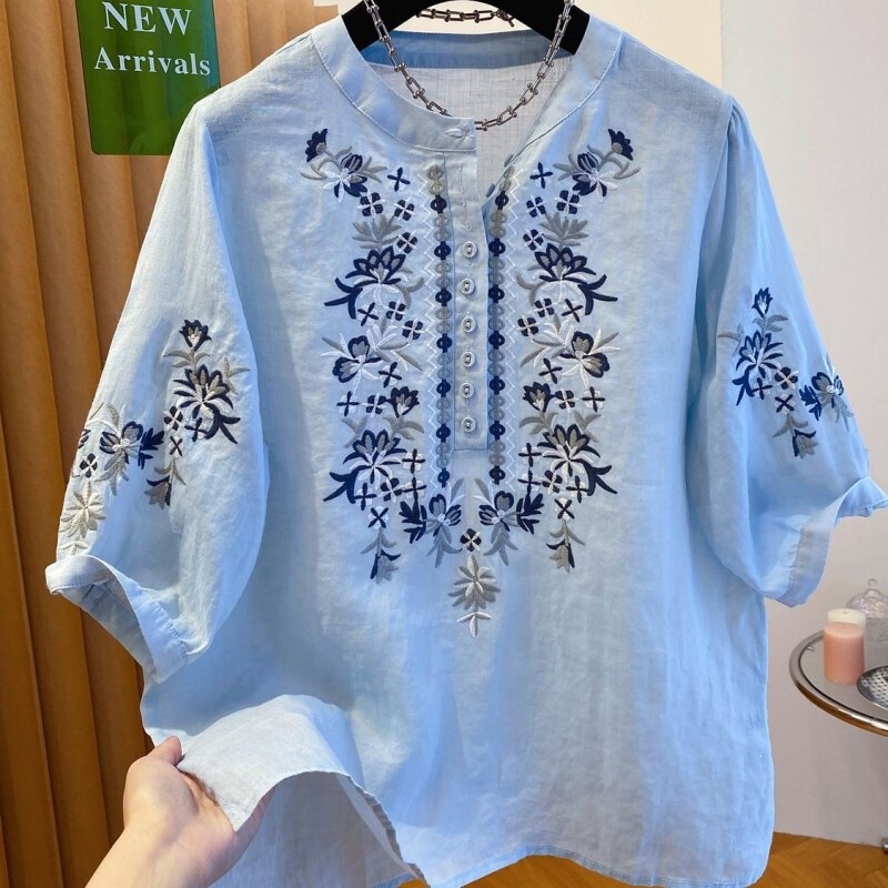 Blue Top for Women, Summer 2026 New Style, Loose Fit, Heavy Embroidery, Beautiful Five-Quarter Sleeve Shirt Blue Top for Women, Summer 2026 New Style, Loose Fit, Heavy Embroidery, Beautiful Five-Quarter Sleeve Shirt