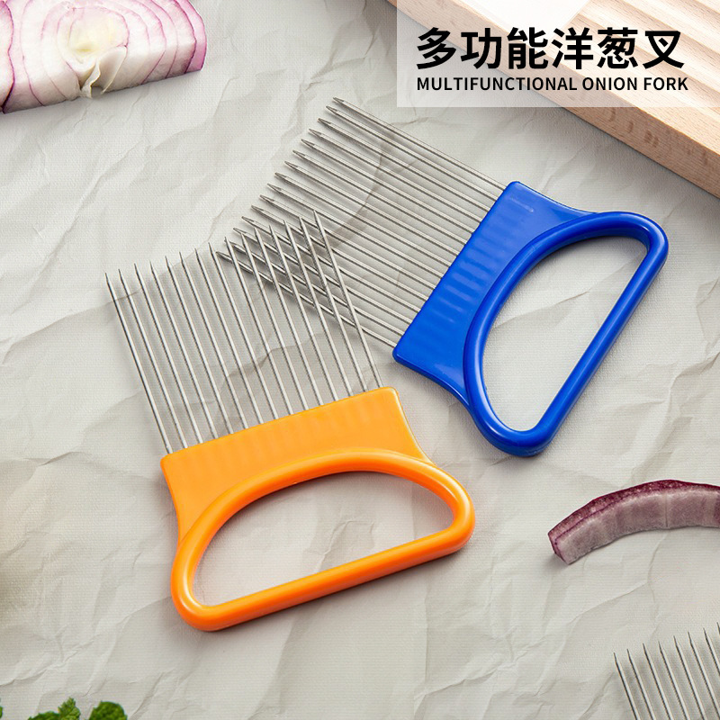 Cebolla de acero inoxidable casera cebolla cortar frutas y verduras cortar soporte aguja de carne tierna herramientas de cocina aguja de cebolla al por mayor