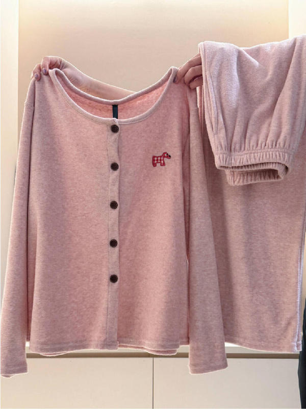 韩版甜美少女卡通印花慵懒风德绒睡衣女秋冬季保暖家居服套装外穿|undefined